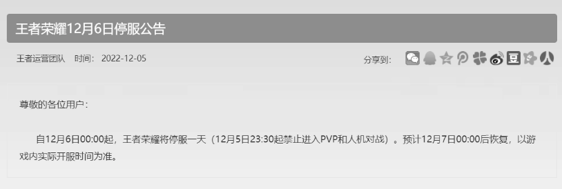 《王者荣耀》2022年12月6日停服原因介绍